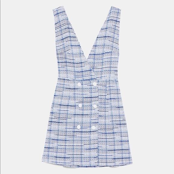 Zara Blue Overall Tweed Plaid Pinafore Mini Dress Size M - Picture 9 of 16